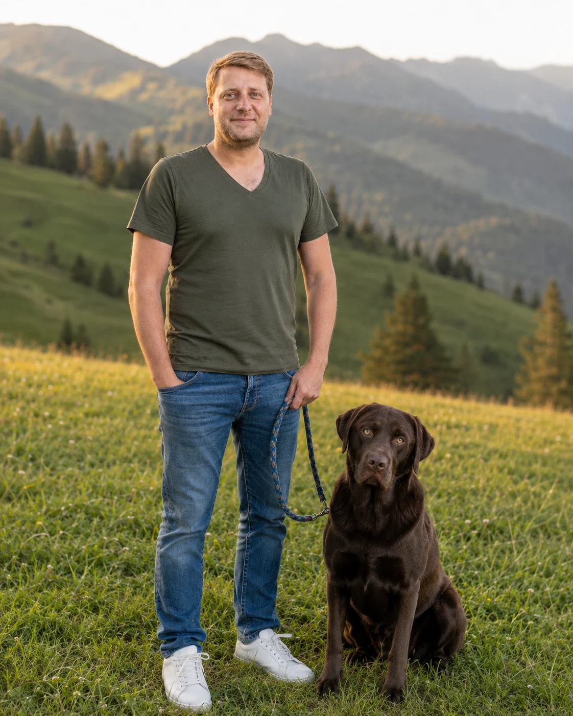Timo Kieburg mit Hund auf einer Sommerwiese in den Bergen